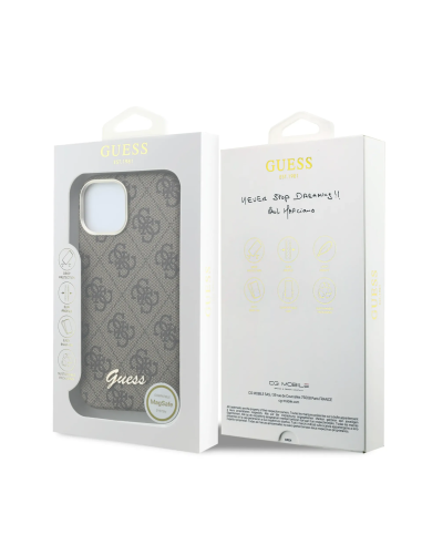 GUESS – Funda iPhone 15 de Polipiel con MagSafe Logo Guess en Relieve Marron