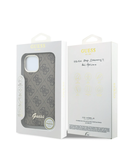 GUESS – Funda iPhone 15 de Polipiel con MagSafe Logo Guess en Relieve Marron