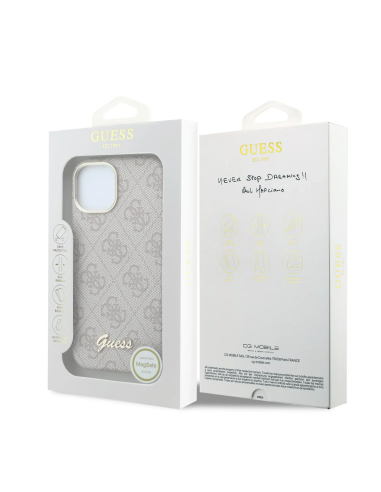 F. iPhone 15 de Polipiel con Magsafe Logo Guess en Relieve Rosa