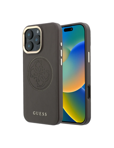 Funda GUESS para iPhone 17 Pro Max con MagSafe, efecto piel y logotipo dorado perforado (Marrón)