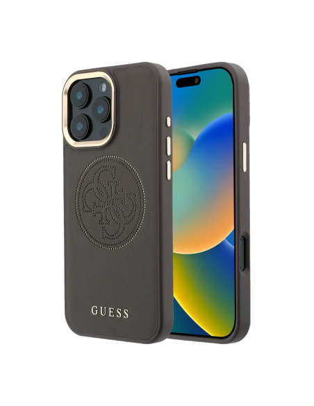 Funda GUESS para iPhone 17 Pro Max con MagSafe, efecto piel y logotipo dorado perforado (Marrón)