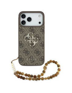 GUESS – Funda iPhone 17 Pro Max en Polipiel Marrón con Logo 4G Clásico y Correa de Perlas