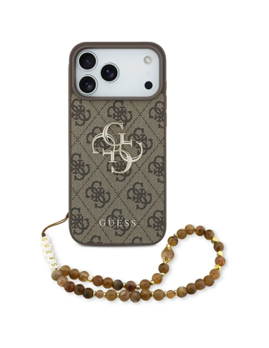 Funda GUESS para iPhone 17 Pro Max con correa de perlas, efecto piel y logotipo 4G (Marrón)