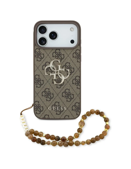 Funda GUESS para iPhone 17 Pro/18 Pro con correa de perlas, efecto piel y logotipo 4G (Marrón)