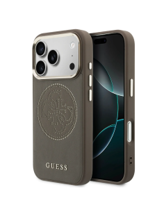 Funda GUESS para iPhone 17 Pro con MagSafe, efecto piel y logotipo dorado perforado (Marrón)