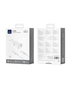 Cargador 2 USB-C PD 45 W con Cable USB-C a USB-C Cube (Blanco)