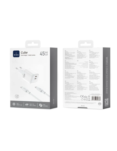 Cargador 2 USB-C PD 45 W con Cable USB-C a USB-C Cube (Blanco)