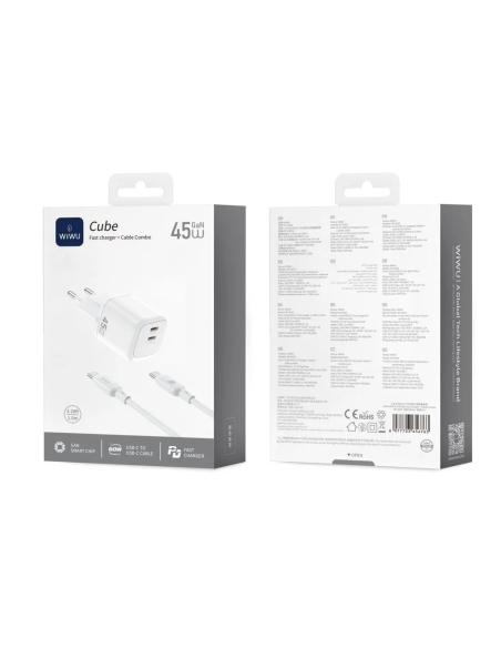 Cargador 2 USB-C PD 45 W con Cable USB-C a USB-C Cube (Blanco)