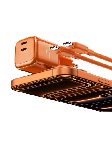 Cargador 2 USB-C PD 45 W con Cable USB-C a USB-C Cube (Naranja)