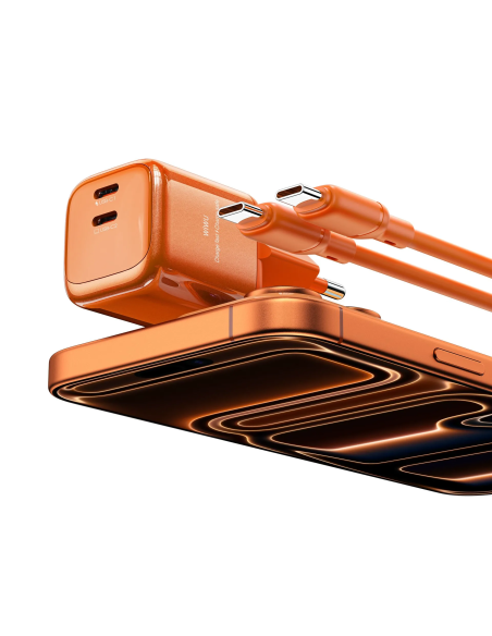 Cargador 2 USB-C PD 45 W con Cable USB-C a USB-C Cube (Naranja)