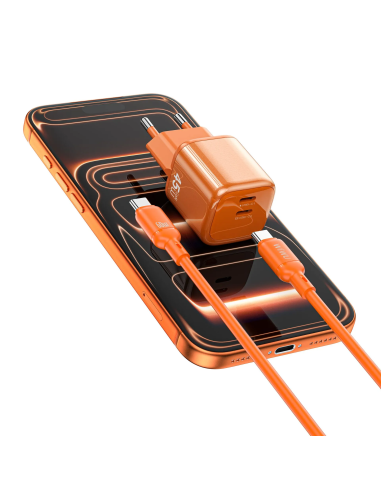 Cargador 2 USB-C PD 45 W con Cable USB-C a USB-C Cube (Naranja)