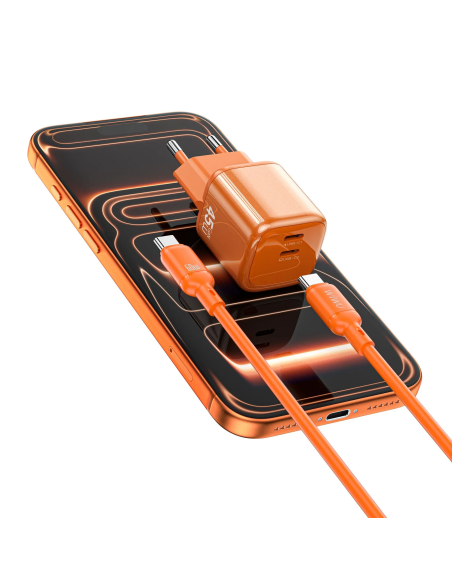 Cargador 2 USB-C PD 45 W con Cable USB-C a USB-C Cube (Naranja)