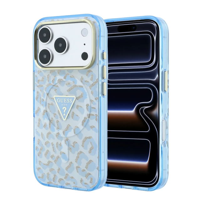 Funda Guess iPhone 18/17 Pro MagSafe Leopardo Glitter Azul Claro | WiWU