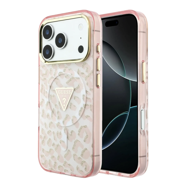 Funda Guess iPhone 18/17 Pro MagSafe Leopardo Glitter Rosa | WiWU