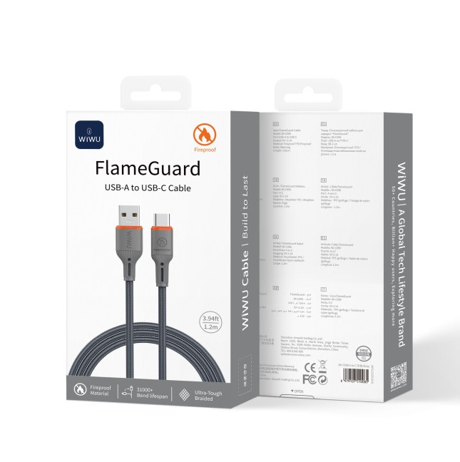 FlameGuard USB-A to USB-C Cable, 2.1 A, Grey (1.2 m) | WiWU