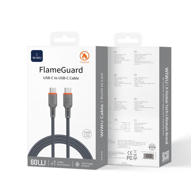 Cable USB-C a USB-C 60 W FlameGuard Gris (1,2 m) | WiWU