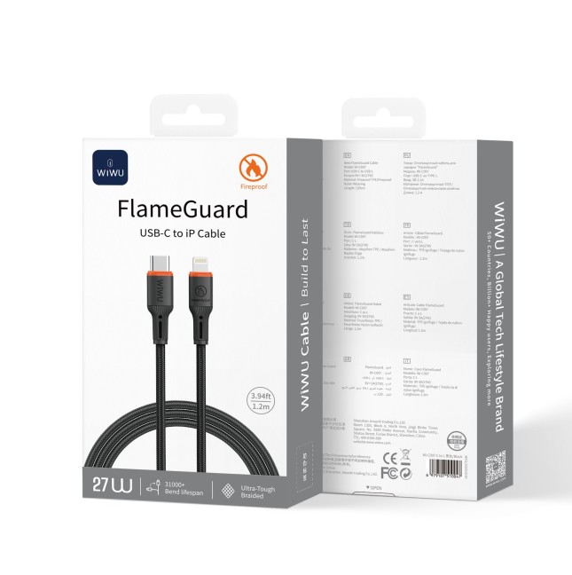 Cable USB-C a Lightning 27 W FlameGuard Negro (1,2 m) | WiWU