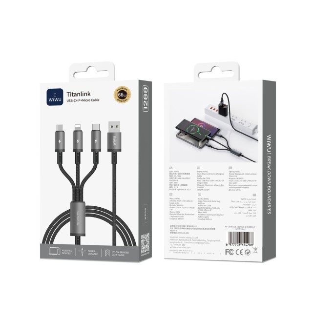 Titanlink 3-in-1 USB-A to C/Micro/Lightning Cable, 66 W (1.2 m) | WiWU