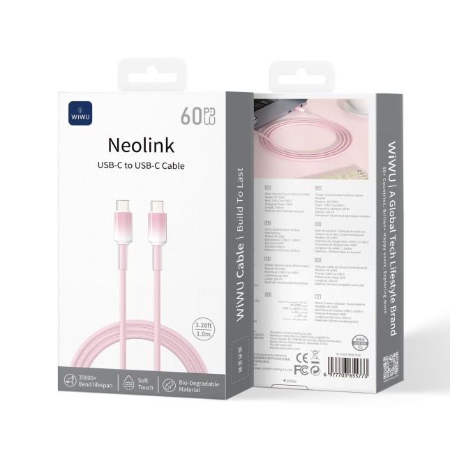 Cable USB-C a USB-C 60 W Silicona Neolink Rosa (1 m) | WiWU