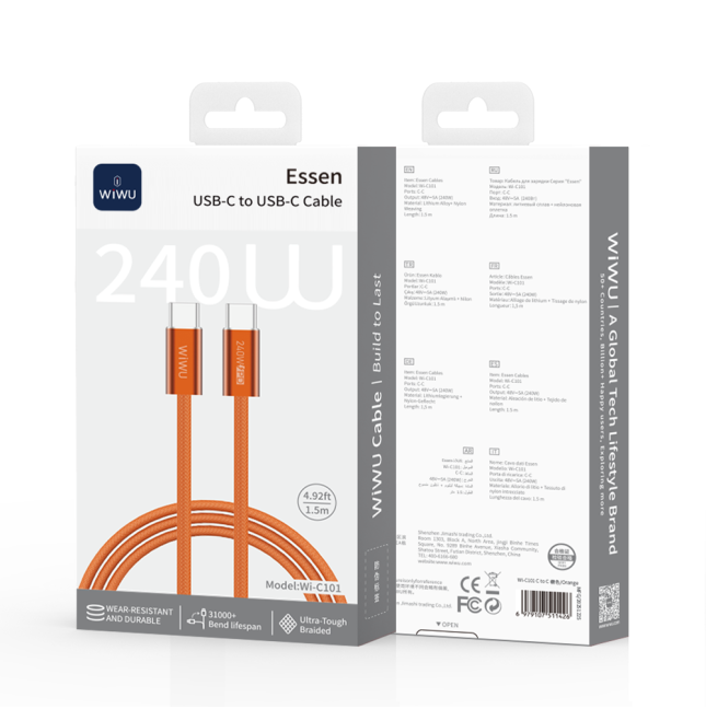 Cable USB-C a USB-C 240 W Essen Naranja (1,5 m) | WiWU B2B