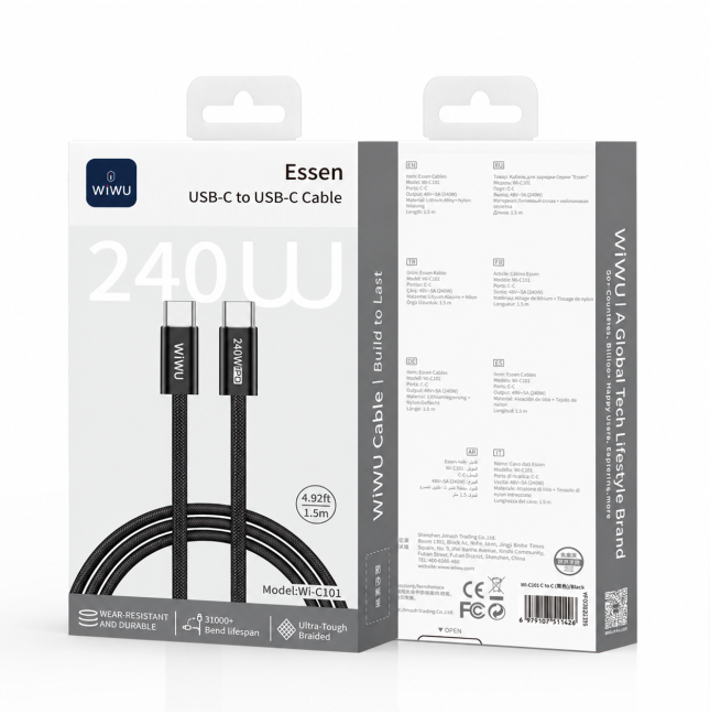 Cable USB-C a USB-C 240 W Essen Negro (1,5 m) | WiWU B2B