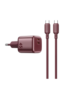 Cargador 2 USB-C PD 45 W con Cable USB-C a USB-C Cube (Burdeos)