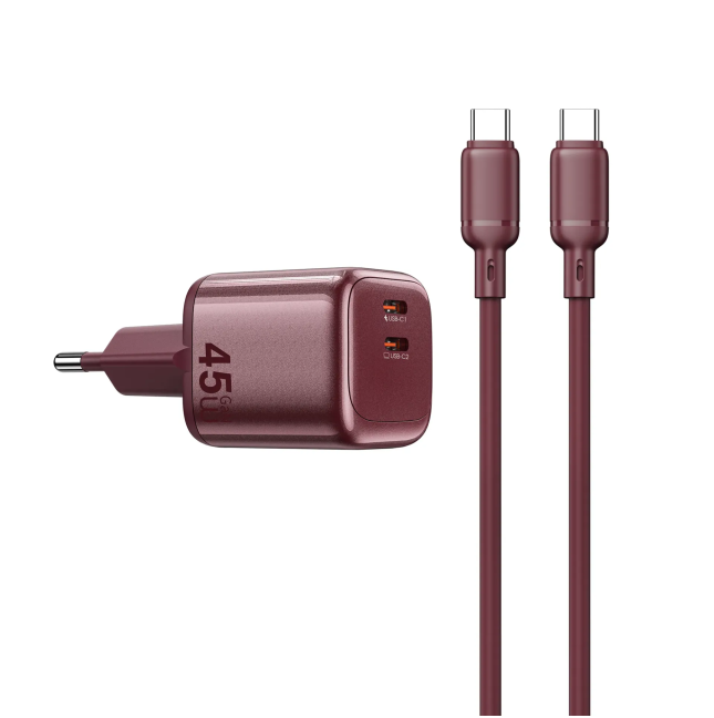 Cargador 2 USB-C PD 45 W con Cable USB-C a USB-C Cube (Burdeos)