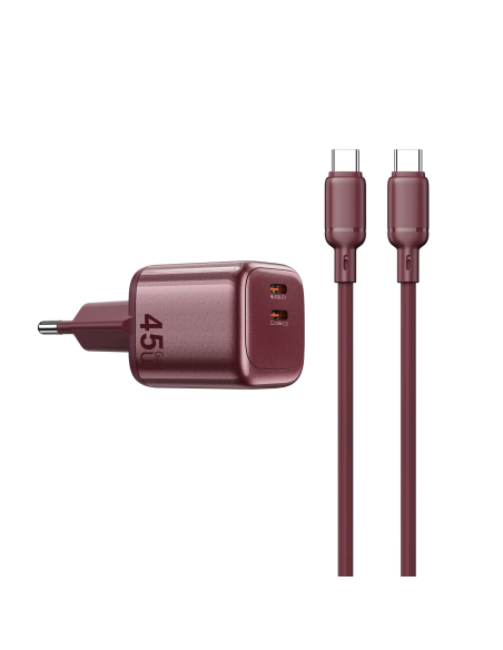 Cargador 2 USB-C PD 45 W con Cable USB-C a USB-C Cube (Burdeos)