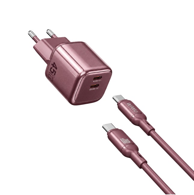 Cargador 2 USB-C PD 45 W con Cable USB-C a USB-C Cube (Burdeos)
