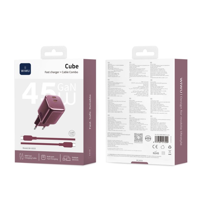Cargador 2 USB-C PD 45 W con Cable USB-C a USB-C Cube (Burdeos)