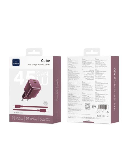 Cargador 2 USB-C PD 45 W con Cable USB-C a USB-C Cube (Burdeos)