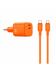Cargador 2 USB-C PD 45 W con Cable USB-C a USB-C Cube (Naranja)