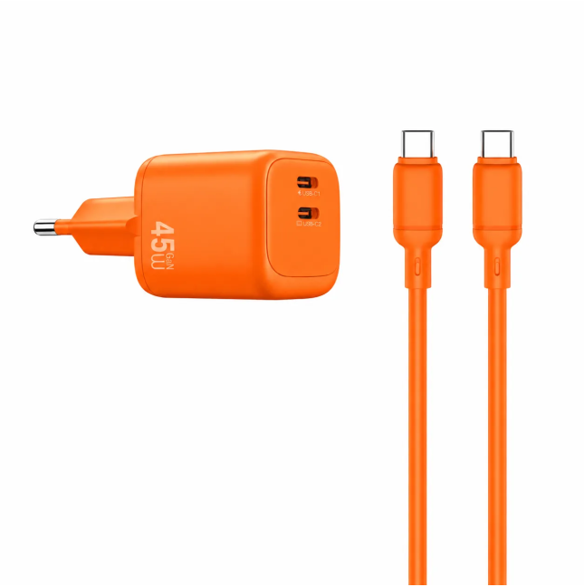 Cargador 2 USB-C PD 45 W con Cable USB-C a USB-C Cube (Naranja)