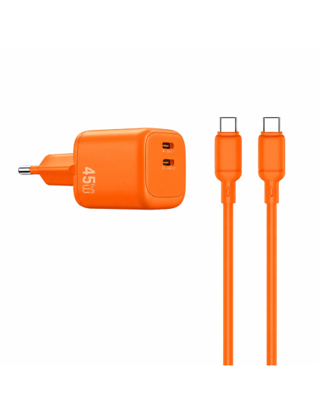 Cargador 2 USB-C PD 45 W con Cable USB-C a USB-C Cube (Naranja)