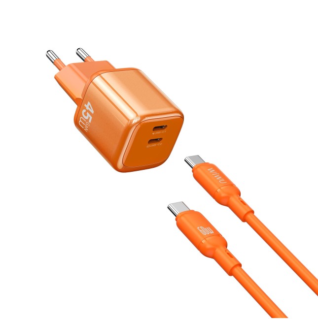 Cargador 2 USB-C PD 45 W con Cable USB-C a USB-C Cube (Naranja)