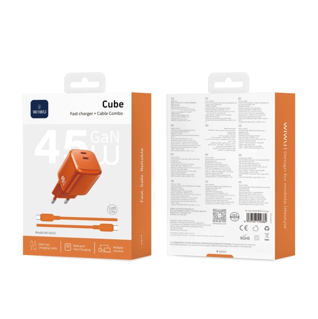 Cargador 2 USB-C PD 45 W con Cable USB-C a USB-C Cube (Naranja)