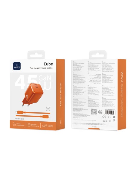 Cargador 2 USB-C PD 45 W con Cable USB-C a USB-C Cube (Naranja)