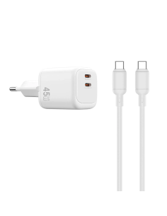 Cargador 2 USB-C PD 45 W con Cable USB-C a USB-C Cube (Blanco)
