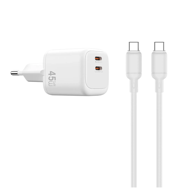 Cargador 2 USB-C PD 45 W con Cable USB-C a USB-C Cube (Blanco)