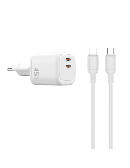 Cargador 2 USB-C PD 45 W con Cable USB-C a USB-C Cube (Blanco)
