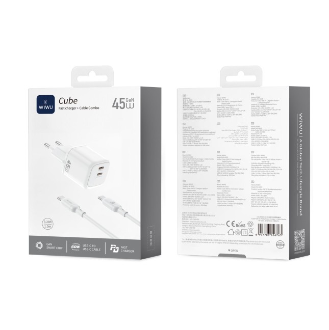 Cargador 2 USB-C PD 45 W con Cable USB-C a USB-C Cube (Blanco)