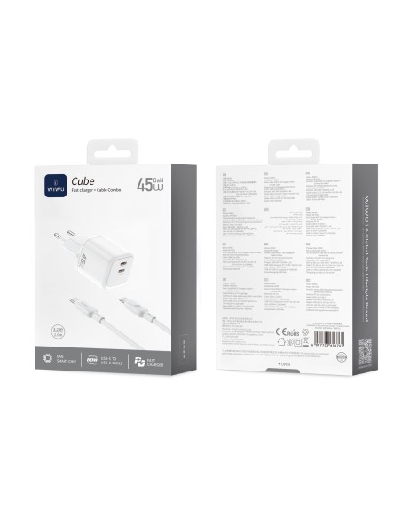 Cargador 2 USB-C PD 45 W con Cable USB-C a USB-C Cube (Blanco)