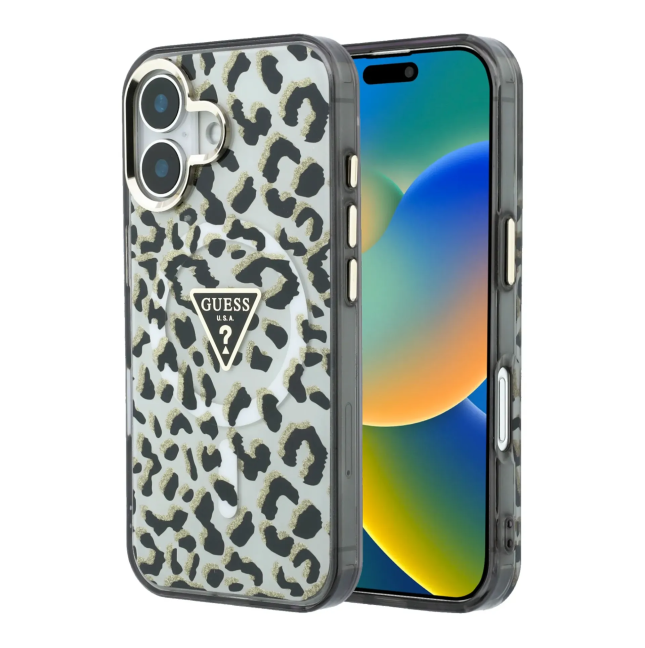 Funda GUESS para iPhone 16 con MagSafe y estampado de leopardo (Negro)