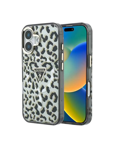 Funda GUESS para iPhone 16 con MagSafe y estampado de leopardo (Negro)
