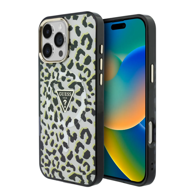 Funda GUESS para iPhone 16 Pro Max con MagSafe y estampado de leopardo (Negro)