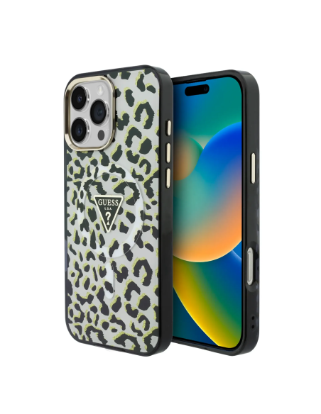 Funda GUESS para iPhone 16 Pro con MagSafe y estampado de leopardo (Negro)