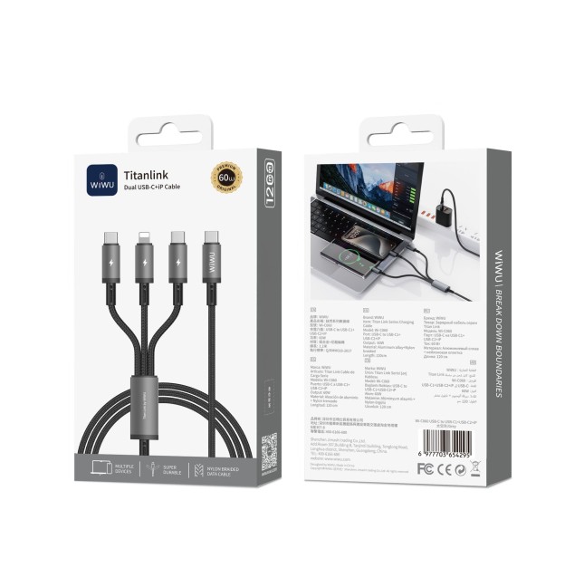 Titanlink 60 W 3-in-1 USB-C to 2x C/Lightning Cable (1.2 m) | WiWU