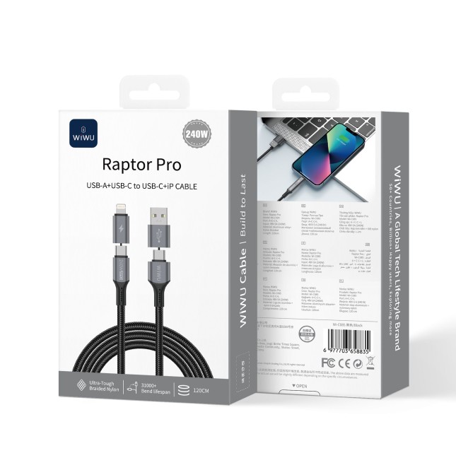 Raptor Pro 240 W 4-in-1 USB-A/C to USB-C/Lightning Cable (1.2 m) | WiWU