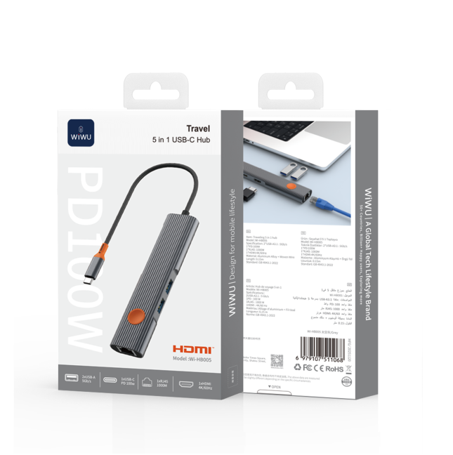Hub 5 en 1 USB-C a HDMI 4K, 2 USB-A, USB-C y Puerto RJ45 Travel