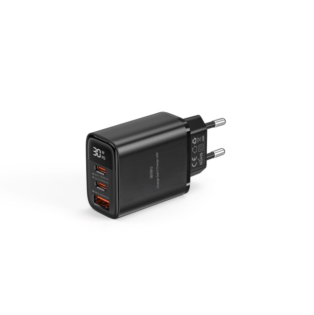 30W GaN Charger with 1 USB-A + 2 USB-C Ports and Digital Display Firefly